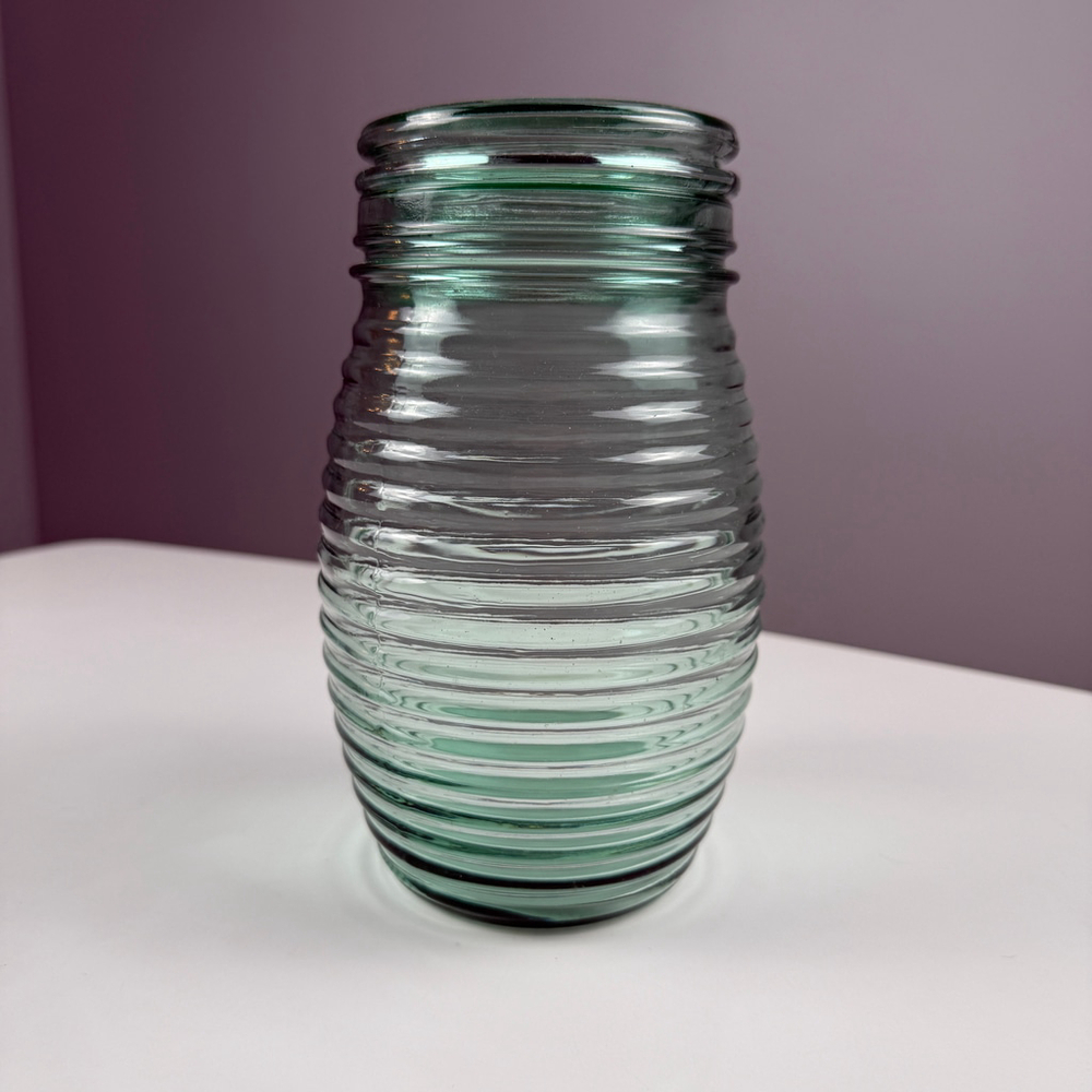 Unbranded Green Glass Ribbed Jar with lid made in Canada